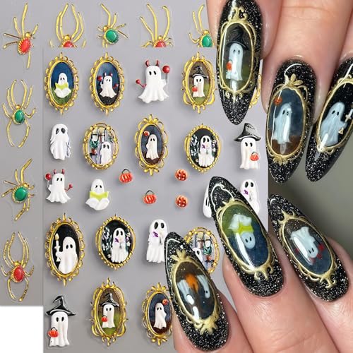 5D Halloween Nail Stickers Spider Ghost Nail Art Stickers Self-Adhesive 5D Engraved Retro Picture Frame Ghost Nail Decals Pegatinas Uas Jelly Spider Nail Supplies for Women Nails Decorations 2Pcs