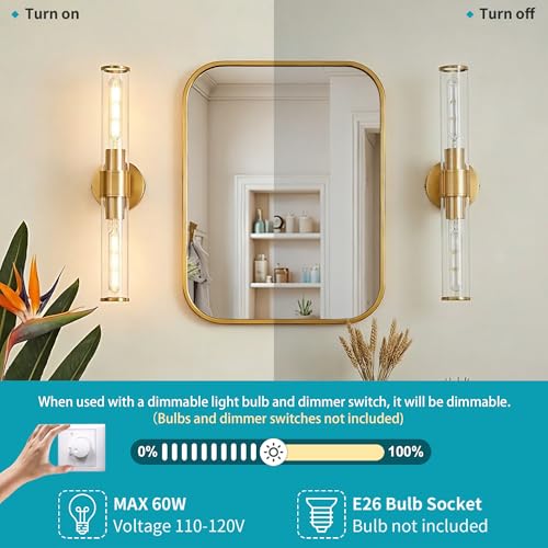 Image of Gold Wall Sconce 2 Pack Hardwired, Bathroom Light Fixtures Clear Glass Featuring Two E26 sockets, Vanity Lights Fixtures for Bathroom, Dimmable - Bulb Not Included, UL Certification