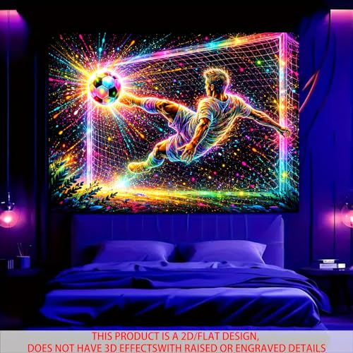 Image of Nuxovilar Neon Soccer Goal Wall Tapestry Polyester 78.74x59.05 In | Glow Poster Trippy Wall Art Sports Decor UV Backdrop Bedroom Game Room Dorm Space (Volley Kick Soccer Goal)