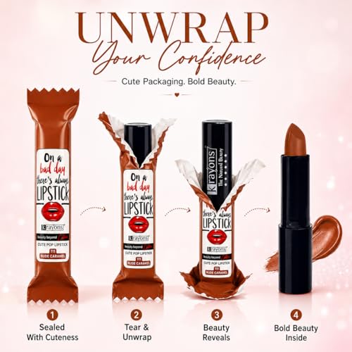 Image of Krayons Cute Pop Matte Lipstick for Women - Shade 111 Nude Caramel, India's 1st Twist-Wrap Lip Stick, Long Stay Waterproof Lipstic, Rich Pigmented Daily Wear Matt Lipsticks, 3.5g
