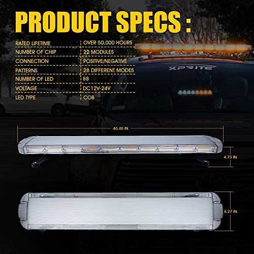 Xprite 47 Inch Cob Led Amber Rooftop Emergency Strobe Lights Bar W/Adjustable Mounting Brackets Hazard Warning Flashing Lightbar For Construction Vehicles, Snowplow, Tow, Trucks, Crane, Traffic Cars #TOP6