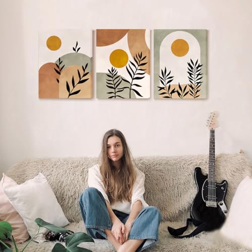 SERIMINO Botanical Wall Art, Boho Canvas Wall Decor for Living Room, Set of 3, Minimalist Orange Sun Artwork Paintings Wall Decor for Bedroom, Office,12 x16 inch