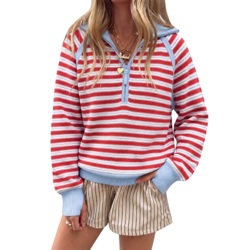 Quarter Zip Pullover Women Knit Stripe Sweater Color Block Cute Sweaters - image 1