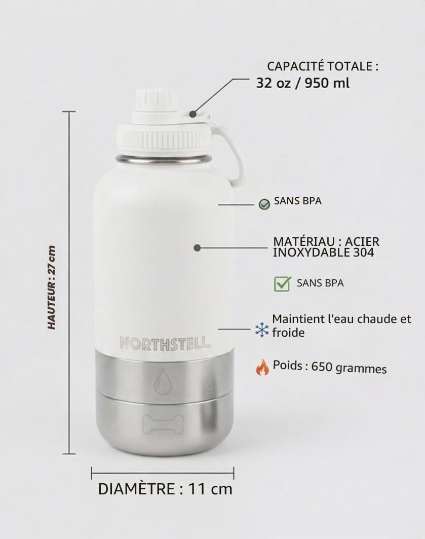 Bouteille d'eau 3 en 1 pour chiens et animaux de compagnie avec 2 récipients pour nourriture et abreuvoir portable, sans BPA, anti-fuite, idéale pour promenades, voyages et excursions (blanc)