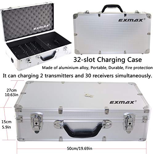 EXMAX EXD-6824 Sistema inalámbrico de guía turística 2.4G – Alcance de voz 328 pies, 2 transmisores, 30 receptores, Estuche de carga de 32 ranuras para enseñanza, entrenamiento, traducción en iglesia y reuniones silenciosas miniatura 2