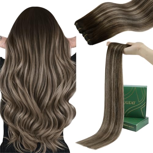 Image of Ugeat Weft Hair Extensions Human Hair, Human Hair Extensions Sew in 22 Inch 100g, Hair Weft Extensions Double Weft, Dark Brown Balayage Ash Blonde