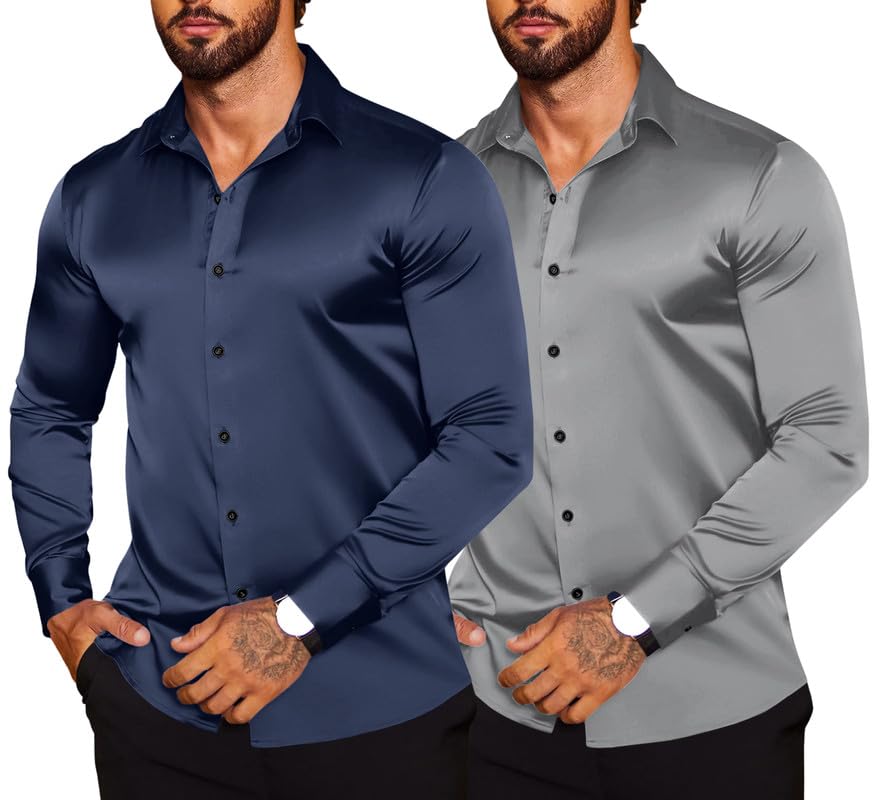 Image of Combo of Men's Premium Satin Cotton Shirt with Full Sleeves & Spread Collar | Smooth Finish | Slim Fit | Stylish Button Down Shirt for Evening, Casual Pack of 2