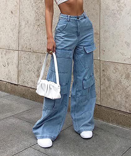 SEMATOMALA Women's Multi-Pockets Baggy Denim Jeans Pants Hip Hop Dance Y2K E-Girls Loose Flare Wide Leg Trousers Streetwear2
