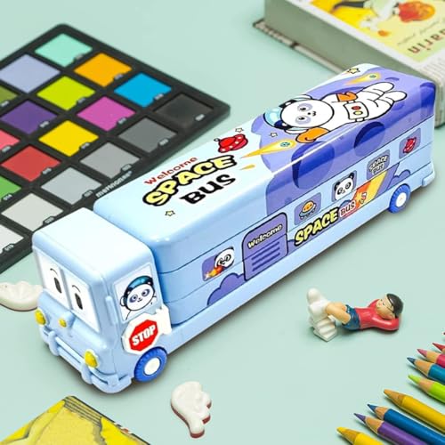 Image of Storio Bus Shape Pencil Box School Bus Metal Geometry Box for Kids Magic Bus with Moving Tyres with 3 Compartments Moving Tyre's & Sharpener Geometry Case for Boys & Girls - Space, Blue