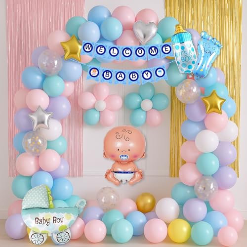 Image of 57 Pcs Welcome Baby Boy Decoration Kit | Balloons, Banner, Curtains, Foils, Stars, Hearts, Ribbon & Confetti for Baby Shower & Newborn Celebration Set 02