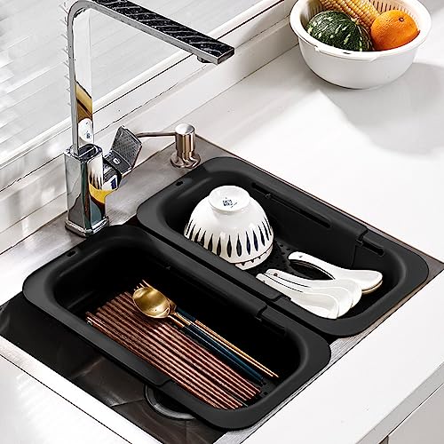 Image of KesaPlan Collapsible Sink Colanders and Strainers Basket Extendable Plastic Fruit Vegetable Strainer Drainer Basket for Kitchen (Length 13.6 inch-18.7 inch) (black)