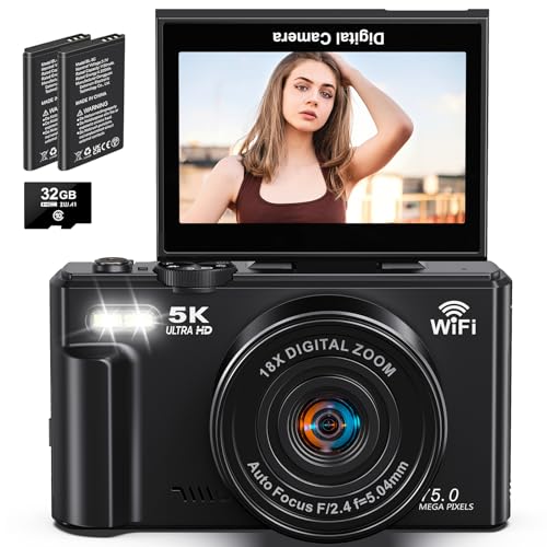 Câmera digital, vídeo de 5k, câmera de 75 megapixels, transmissão Wi-Fi, zoom digital de 18x, tela giratória de 180 graus, foco automático, cartão SD de 32G, duas baterias,câmera compacta,vlog