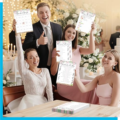 Image of Bridal Shower Game Set, 4 Fun Games & Activities - Bingo Game /Would She Rather /He Said, She Said /Guess The Word for 30 Guests, All-in-one Set Wedding Party Supplies