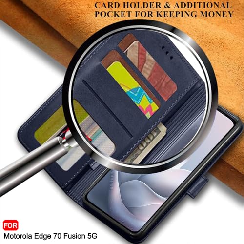Image of TheGiftKart Flip Cover Back Case for Motorola Moto Edge 70 Fusion 5G | Genuine Leather Finish | Designer Button | Inbuilt Pockets & Stand | Wallet Style Flip Back Cover Case (Faux Leather, Blue)