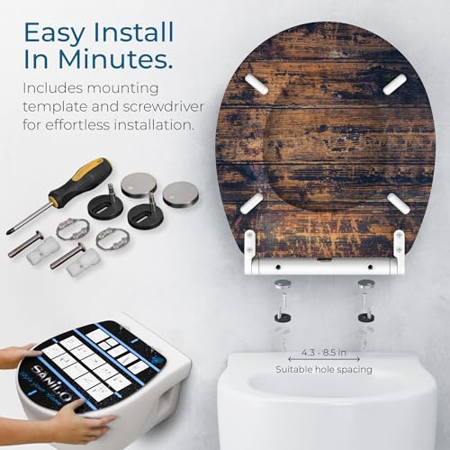 Image of Sanilo Wooden Toilet Seat with Quick Release & Soft Close [ROUND] - Decorative & Slow Close Molded Wood Seat - With One Click for Easy Installation & Cleaning - With Adjustable Fit (Vintage)