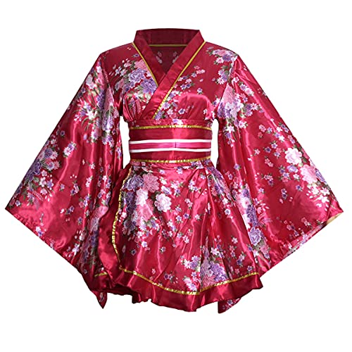 Image of HUAHUA Women's Sexy Short Kimono Dress Floral Print Japanese Traditional Geisha Robe Bathrobe Skirt Belt Outfit