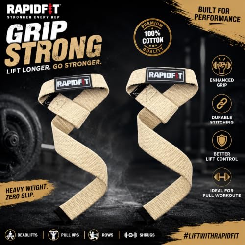 Image of Heavy Cotton Weight Lifting Straps 24 inch - Professional Non-Slip Lasso Wrist Support Straps with Padded 3.5mm Cuff | Gym Workout Straps for Deadlift, Powerlifting, CrossFit & Strength Training | Anti-Skid Grip Fitness Lifting Accessories (Beige colour)