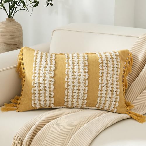 RinRinfam Mustard Yellow Boho Throw Pillow Cover 12x 20, Striped