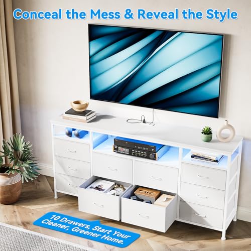 63.3 Inch Dresser for Bedroom, 10 Drawer Dresser Tv Stand for 65 70 75 Inch Tv, Fabric Chest of Drawers with Led Lights & Power Outlets, Long Entertainment Center for Closet, Living Room (White PU)
