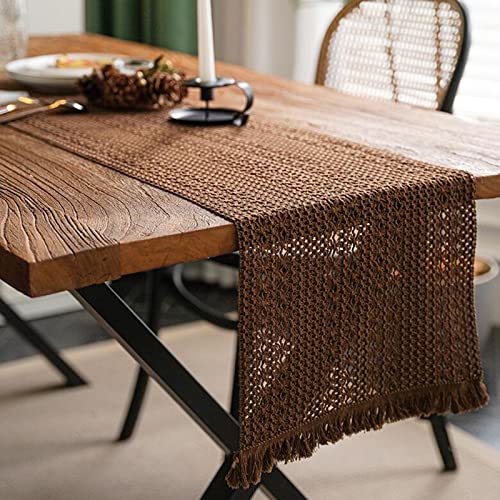 Chemin de table à franges tissé main en coton lin marron pour table chic