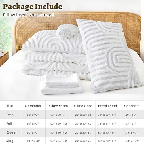 Image of Nesker Boho Tufted Full Comforter Set, 7 Pcs White Bedding Sets, Cozy Chic Soft Bed in a Bag, Arch Pattern Shabby Bed Set All Season with Comforter, Fitted Sheet, Flat Sheet & Pillowcases