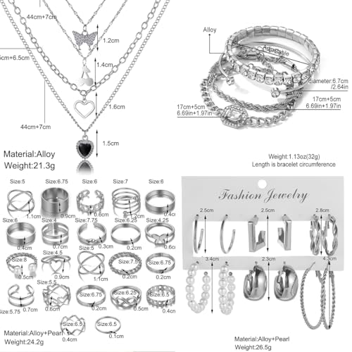 92 PCS Silver Plated Jewelry Set with 8 PCS Necklace, 19 PCS Bracelet, 44 PCS Stud Hoop Earring, 21 Pcs Knuckle Rings for Women Valentine Anniversary Friendship Gift3