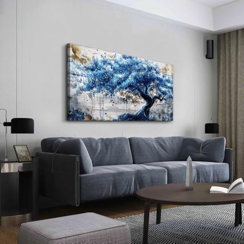 ERQINHUA Blue Tree Wall Paintings Canvas Wall Art For Living Room Large Wall Decor For Bedroom Office Decorations Farmhouse Abstract Watercolour Pictures Artwork Home Decor Ready To Hang 20"X40"