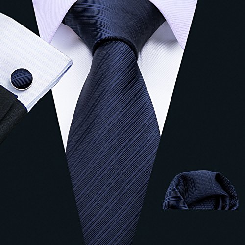 Image of Barry.Wang Solid Striped Tie for Men Silk Necktie Pocket Square Cufflinks Formal Wedding Party Business