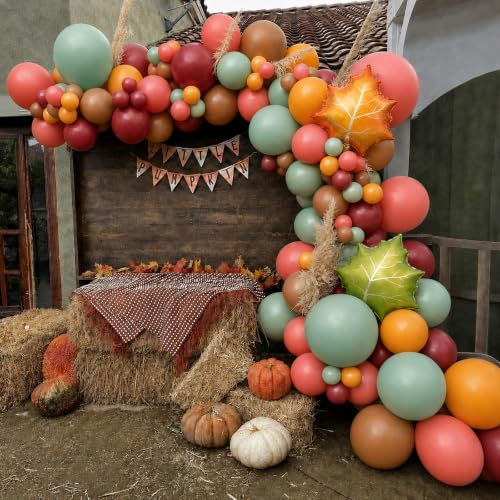 Image of Sage Green Orange Balloons with 2 Pcs Big Maple Leaves Acorn Balloons | 12 Inch Fall Burgundy Pink Brown Latex Balloons for Thanksgiving Baby Showers Birthdays Autumn Harvest Party Decorations