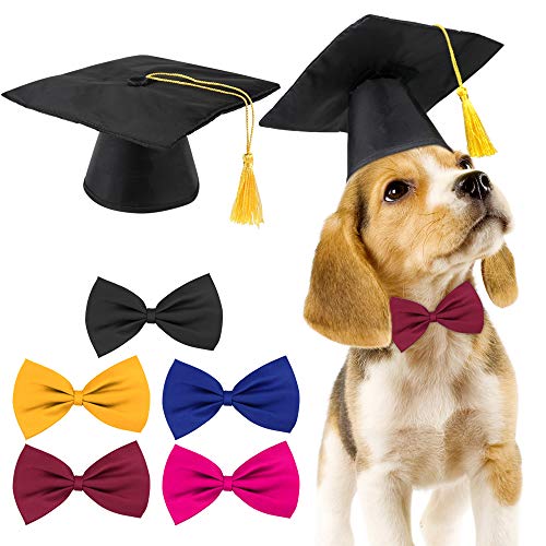 Meetory 2 Pieces Pet Graduation Caps with 5 Pieces Bow Tie Necktie Collar