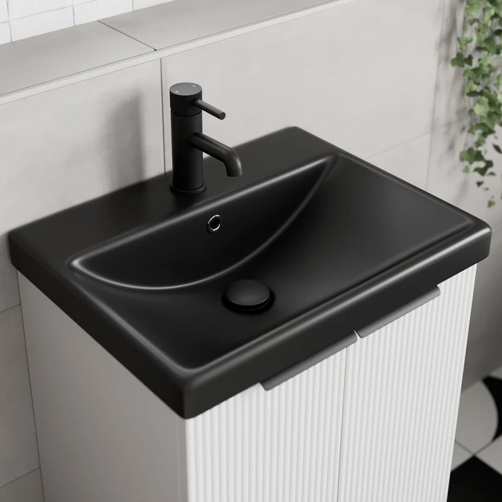Affine® 510 x 395mm Recessed Bathroom Basin Ceramic Drop in Sink One Single 1 Tap Hole & Overflow, Square Edge, Matt Black