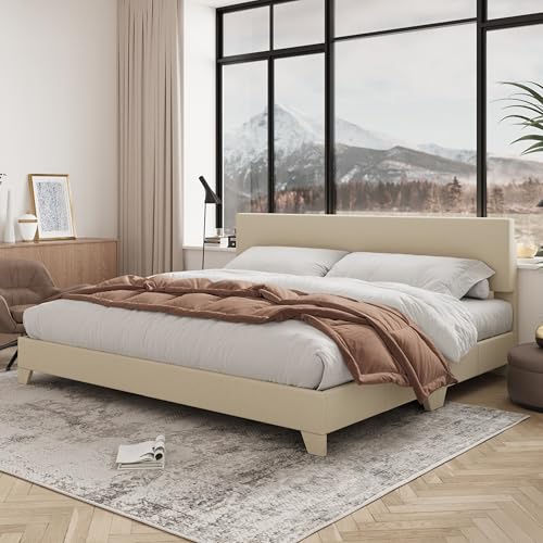 Allewie King Size Bed Frame with Adjustable Headboard, Upholstered Platform Bed with Wood Slats, Heavy Duty Mattress Foundation, No Box Spring Needed, Noise-Free, Easy Assembly, Beige