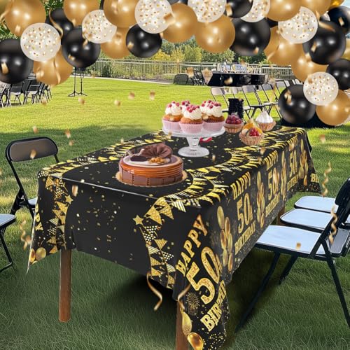 Image of Labeol 3 Pack 50th Birthday Tablecloth, Black and Gold Happy 50th Birthday Decorations, Disposable Plastic Rectangular Table Cover Party Supplies for Men Women