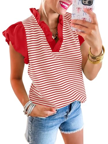 Tankaneo Womens Ruffle Cap Sleeve Tank Tops Summer Casual Cute Color Block Striped Tshirts Pleated V Neck Shirts