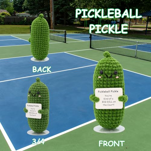 Image of Pickleball Pickle Crochet with Stand. Handmade Pickle Gift for Women, Friends, Family, Co Workers. Birthday Gifts Best Friends