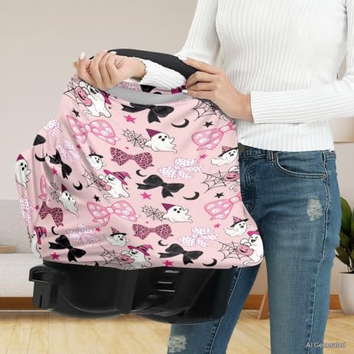 Image of Wanyint Stretchy Nursing Scarf Car Seat Canopy Baby Car Seat Cover, Baby Breastfeeding Stroller High Chair Shopping Cart Cover for Infant Halloween Decor, Cute Ghost Bow Moon Star Pink