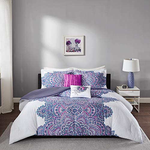 Intelligent Design Mila Comforter Bed Sets – All Season Ultra Soft Microfiber Teen Bedding - Perfect For Dormitory-Great For Guest and Girls Bedroom, Full/Queen, Medallion Purple 5 Piece