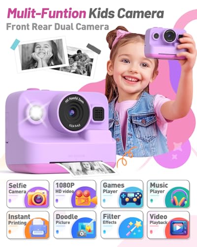 Image of Yehtta Kids Instant Print Camera,Dual-Lens Selfie Camera for Kids, Purple | Christmas Birthday Gifts Toys for 3-12 Year Old Girls, 2.4in Screen 1080P Kid Digital Camera,Portable Toys for 3-12