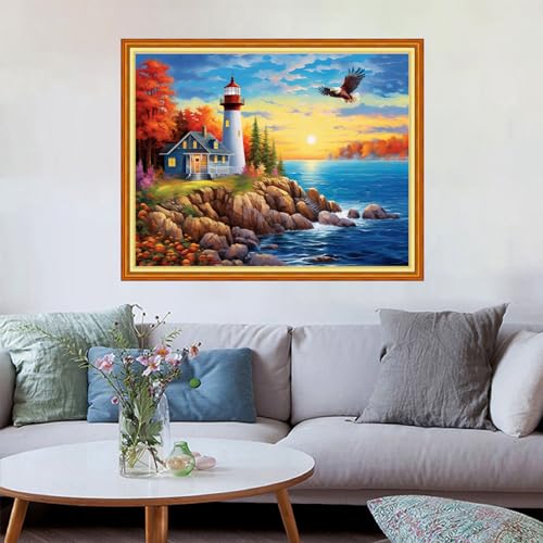 Image of Redxing Stamped Cross Stitch Kits Embroidery kit for Beginners Adults Full Range of Embroidery Patterns Starter Kits DIY Printed Cross Stitch Kits Needlepoint Kits 11CT-Lighthouse Eagle 16x20 inch