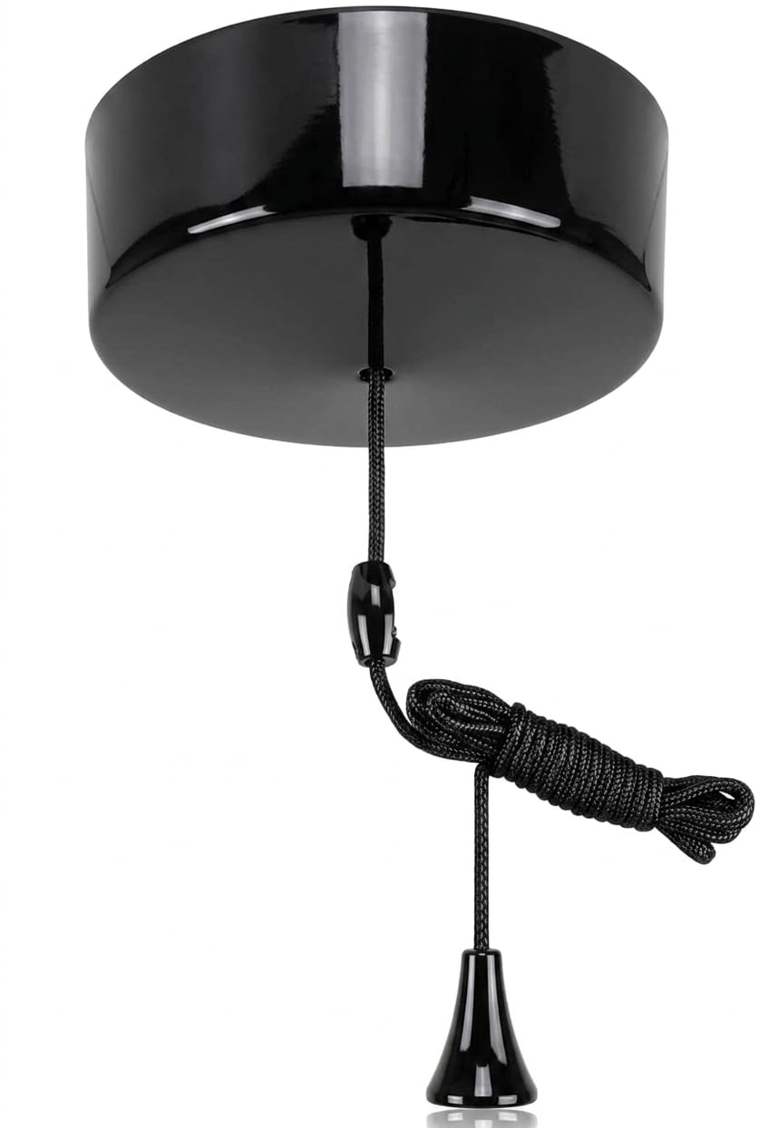 Taps2Traps™ Gloss Black Bathroom Light Pull Switch With Black Cord & Toggle 2 Way 6A
