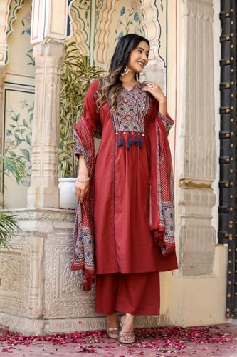 Image of Stylum Women's Ajrakh Printed Cotton A-Line Kurta Pant Dupatta Set