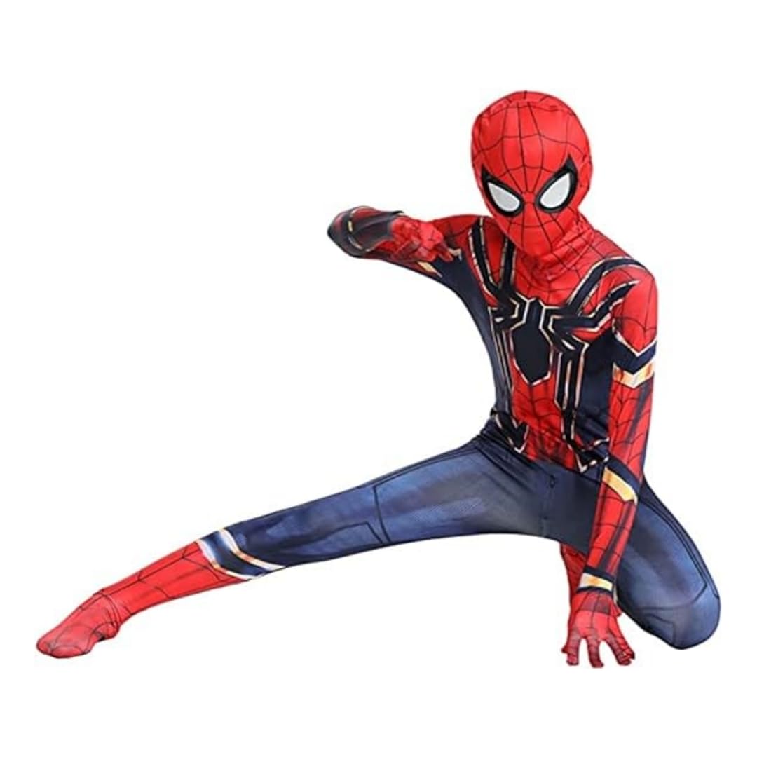 BENMENG Super Black Spider Hero Youth Suit - Spandex Jumpsuit with Printed Design and Detachable Spandex Mask and Plastic Eyes (Iron Spider, L (Suit For 120cm))