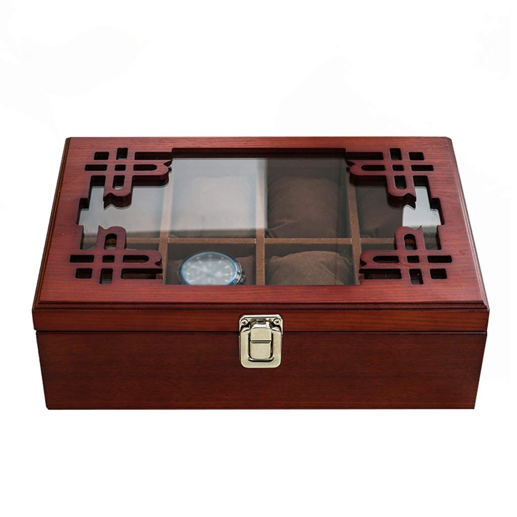 MUSUMI Caja de almacenamiento de exhibición de reloj Estuche organizador de joyas de 8 rejillas con Hebilla de Metal bloqueable Superior de vidrio para Hombres/Mujeres - Rojo