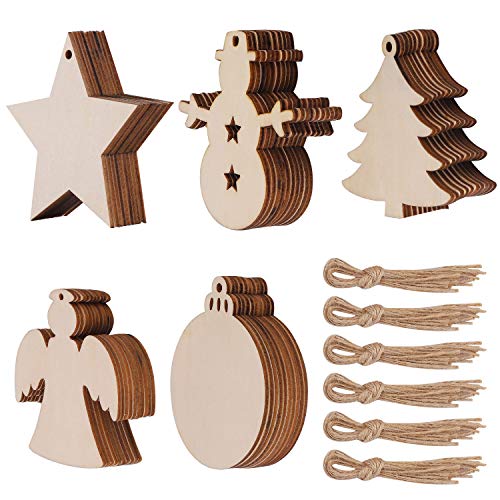 50 Pcs Unfinished Paintable Blank Wooden Christmas Festival Decoration Ornaments, Xmas Tree Hanging Wood Slices for Kids DIY Art Crafts, 5 Designs-Christmas Tree, Snowman, Stars, Angel, Round