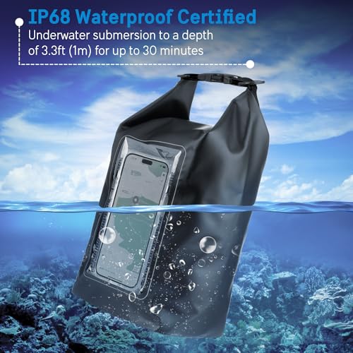 Image of Pelican Marine IP68 Waterproof Dry Bag 5L with Phone Pouch /Case - Black | Roll Top Waterproof Backpack with Touchscreen Phone Pouch - Swimming, Kayaking, Camping, Rafting, Fishing & Travel Essentials