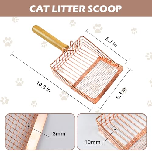 Image of Metal Kitty Litter Scoop,Fast Sifting Litter Scooper for Cats,Cat Poop Scooper with Wood Handle & Hook Rose Gold Solid Two Mesh Kitten Deep Shovel