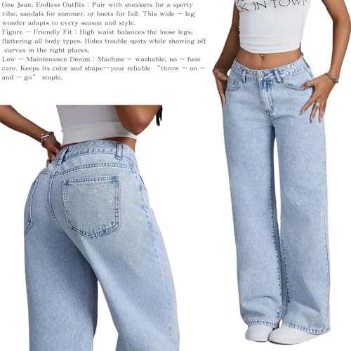 Women's Mid Rise Wide Leg Jeans - Non-Stretch Light Blue Denim, Comfort Waistband & Faded Wash, Size 24-322
