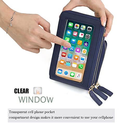 Image of myfriday Touch Screen RFID Phone Crossbody Purse with 2 Straps for Women | Clear phone window, RFID card space, 11 slots and zip pockets support quick calls, errands, theme parks and travel