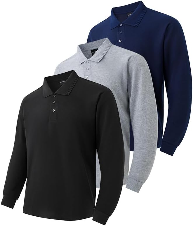 Men's 3-Pack Long Sleeve Polo Shirts – Moisture Wicking Golf Shirts for Work, Casual Workout