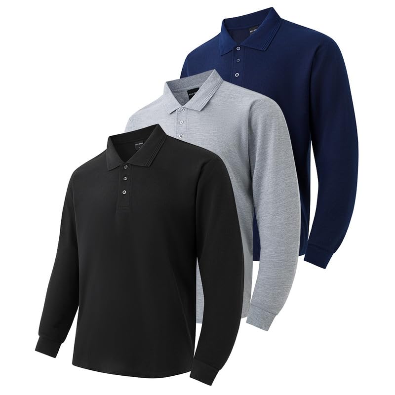 Men's 3-Pack Long Sleeve Polo Shirts – Moisture Wicking Golf Shirts for Work, Casual Workout